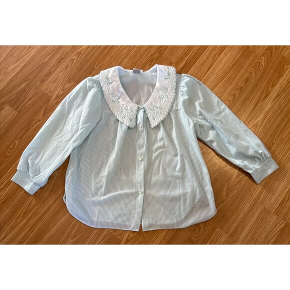 Bellina Pajama Set Womens Med Striped Embroidered Collar Mint Green Flannel Feel - Picture 2 of 13